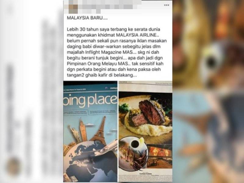 Tular di media sosial, iklan mempromosi makanan dan gambar daging babi yang diterbitkan dalam majalah MAS, Going Places keluaran Januari 2019. - Foto Utusan Malaysia.