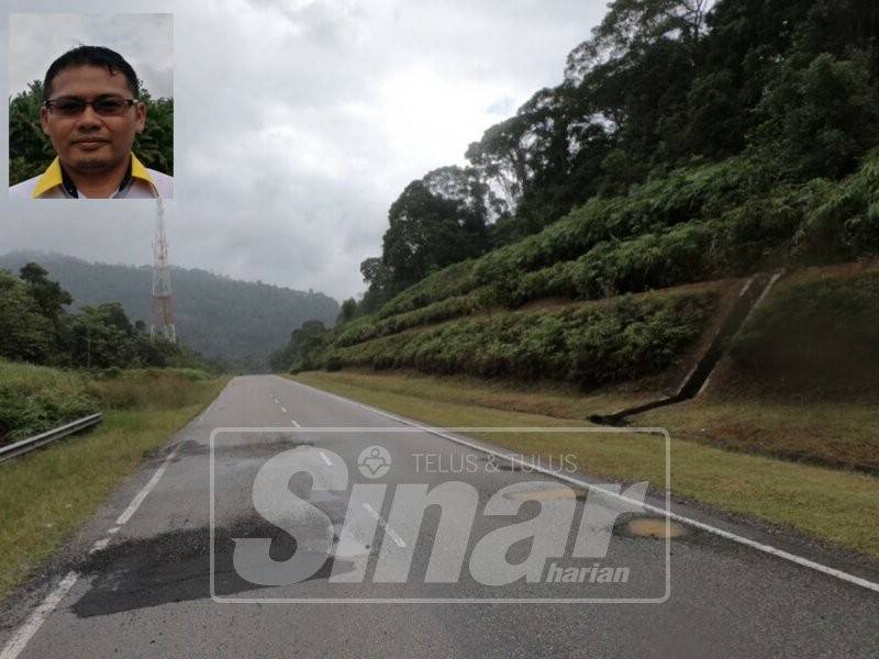 Masalah jalan rosak di laluan Kuala Jeneris-Kenyir-Aring berlanjutan sejak sekian lama gara-gara lori yang bawa mayang bijih besi secara berlebihan. Gambar kecil, Alif Zuwairi.