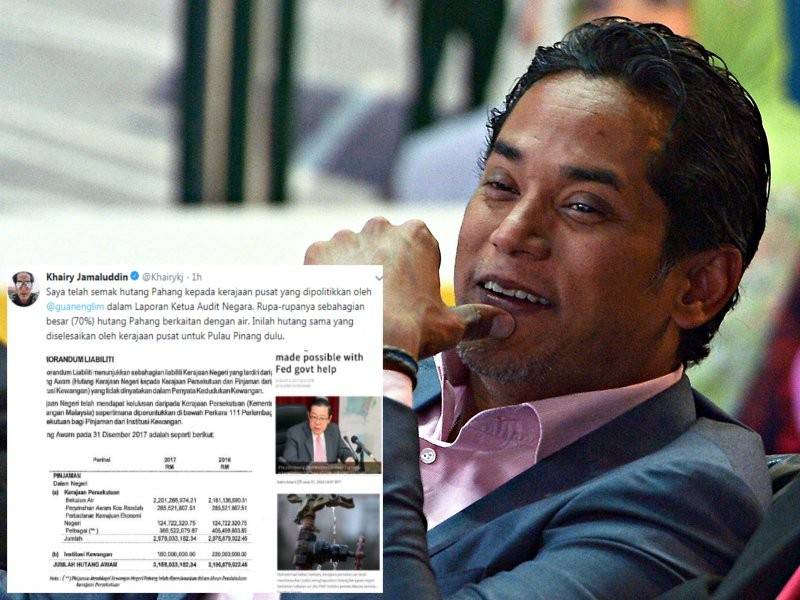 Ciapan Khairy di Twitter menyatakan mengenai 70 peratus daripada hutang kerajaan Pahang kepada kerajaan pusat adalah berkaitan air.
