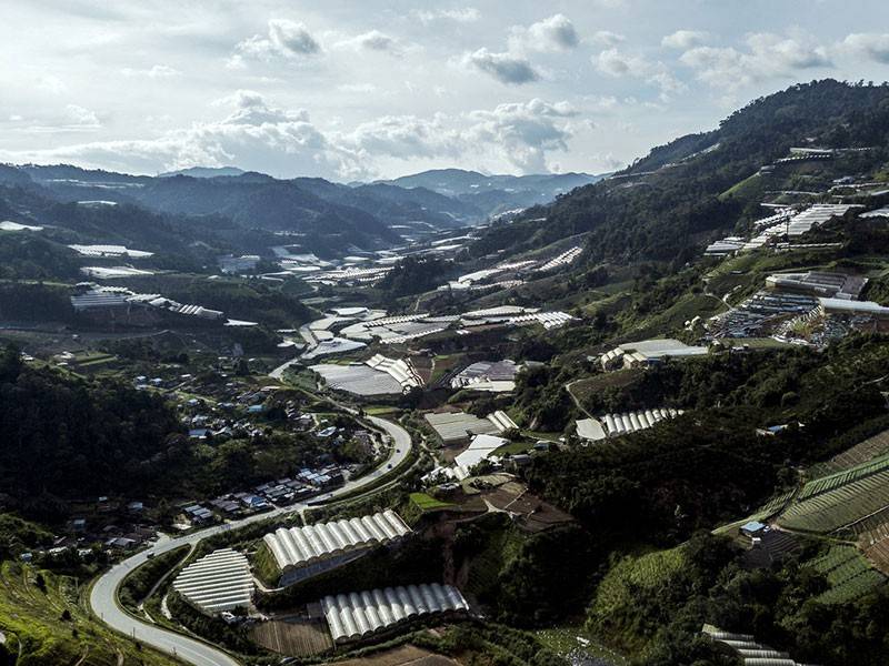 Permandangan dari udara memperlihatkan kebun-kebun dan ladang komersial di sekitar lereng bukit dan Sungai Bertam ketika tinjauan Bernama.