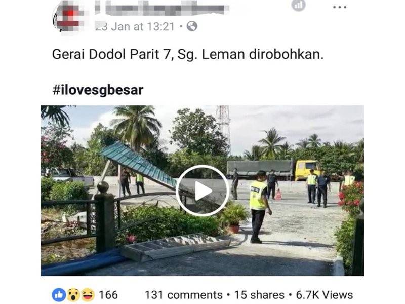 Tular di laman sosial Facebook mengenai aktiviti perobohan gerai dodol di Parit 7 Sungai Leman, di sini.