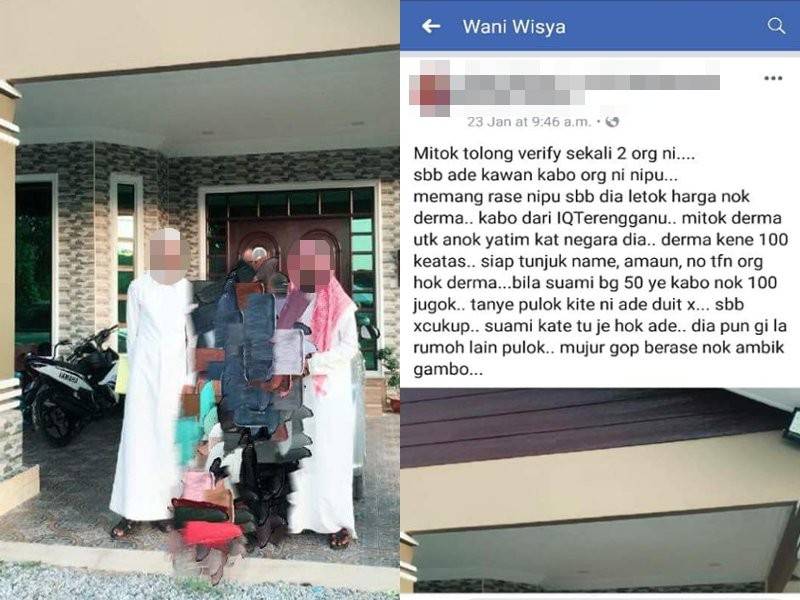 Gambar dua lelaki yang dipercayai berbangsa Arab yang mendakwa daripada KQT dan meminta sumbangan derma dari rumah ke rumah. Gambar kanan: Status yang dimuat naik pengguna Facebook yang mengakui dikunjungi dua lelaki terbabit dikediamannya, sebelum menularkan kejadian itu di laman sosial Facebook.