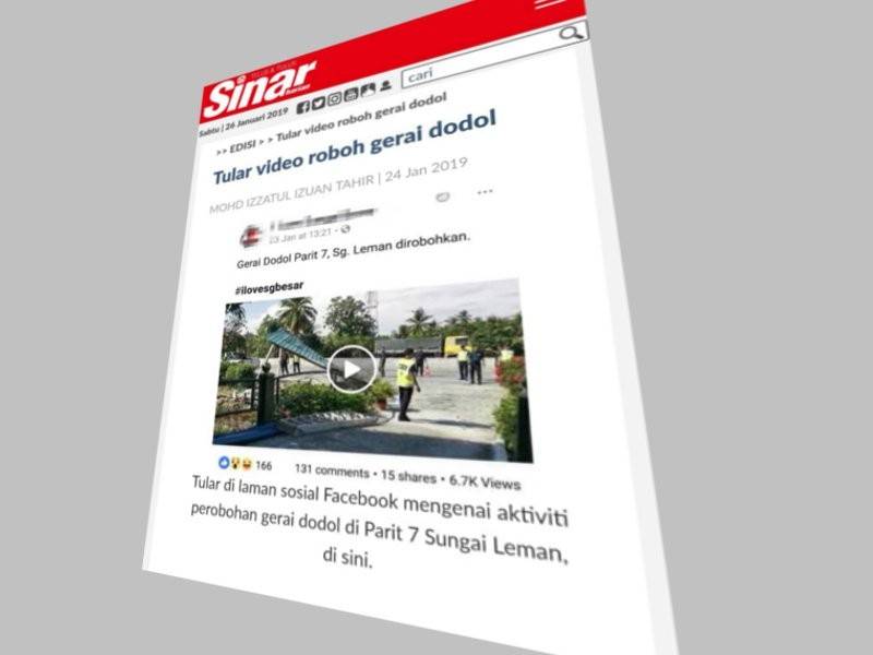 Sinar Harian melaporkan operasi perobohan struktur gerai yang dilaksanakan PDT Sabak Bernam tular di media sosial.