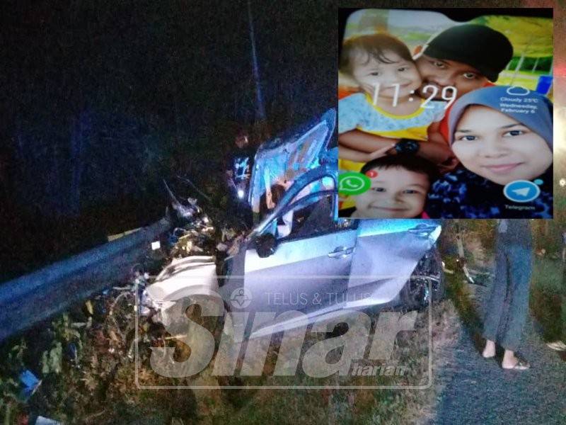 Keadaan kereta mangsa selepas terlibat kemalangan di KM 55 Jalan Kluang - Kota Tinggi, malam tadi. (Gambar kecil, Mohd Firdaus, Norlia serta dua anak mereka). 