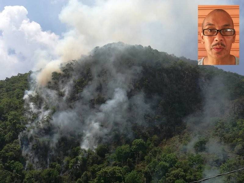 Gunung Baling terbakar sejak semalam. Gambar kecil, Nor Azman Ishak.