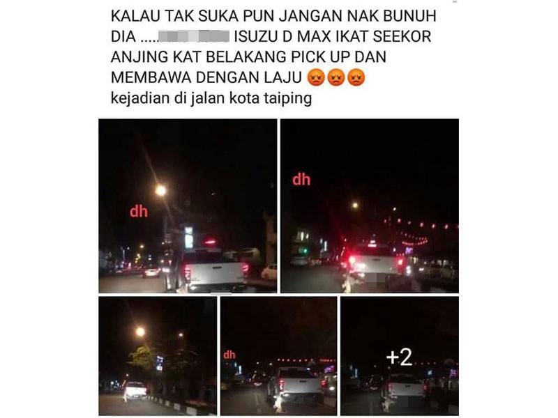 Gambar sedutan rakaman video tindakan pemilik kenderaan pacuan empat roda menyeret seekor anjing di belakang kenderaan sepanjang perjalanan yang tular dalam media sosial sejak semalam.