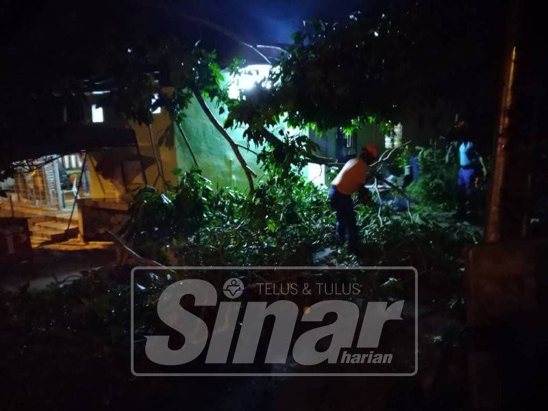 Pembersihan pokok di kawasan gerai dan rumah mangsa oleh anggota APM