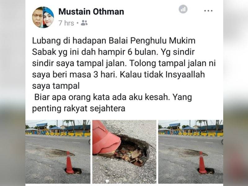 Status Facebook Ahmad Mustain mengenai kerosakan jalan dan meminta dibaiki dalam tempoh tiga hari.