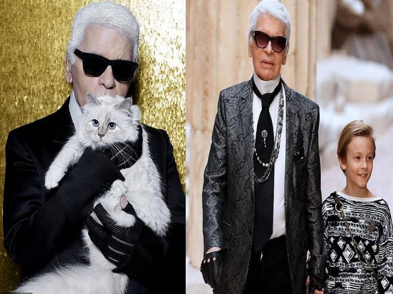 Karl bersama kucing kesayangannya, Choupette.(Gambar kanan: Karl bersama Hudson.)