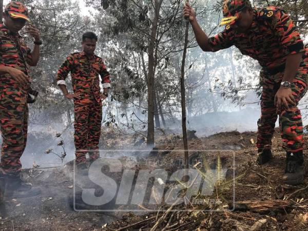 Anggota bomba bertungkus lumus memadam kebakaran hutan.
