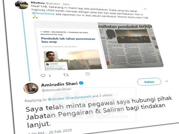 Amirudin memberi respon di Twitter mengatakan pihaknya akan menghubungi JPS untuk tindakan lanjut
