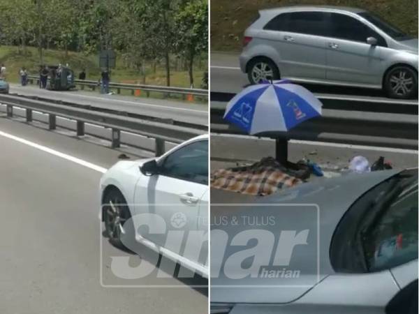 Kenderaan MPV yang terbalik selepas terbabas di di KM 18.2 Lebuhraya Utara Selatan. Gambar kanan: Mayat mangsa berada di tengah-tengah pembahagi jalan.