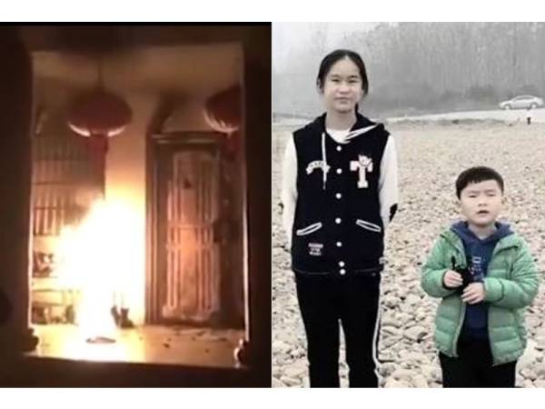 Chen Zimo (kiri) maut ketika melindungi adik lelakinya berusia lima tahun apabila rumah mereka terbakar pada 22 Februari lalu. - Foto WEIBO