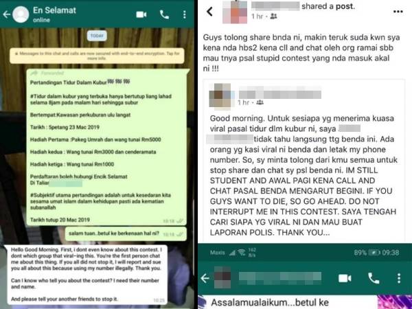 Paparan skrin perkongsian di Facebook dan WhatsApp berkenaan pertandingan itu.