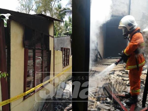 Bomba sedang memadam kebakaran (kanan) dan keadaan rumah mangsa yang terbakar .- Foto: Ihsan bomba