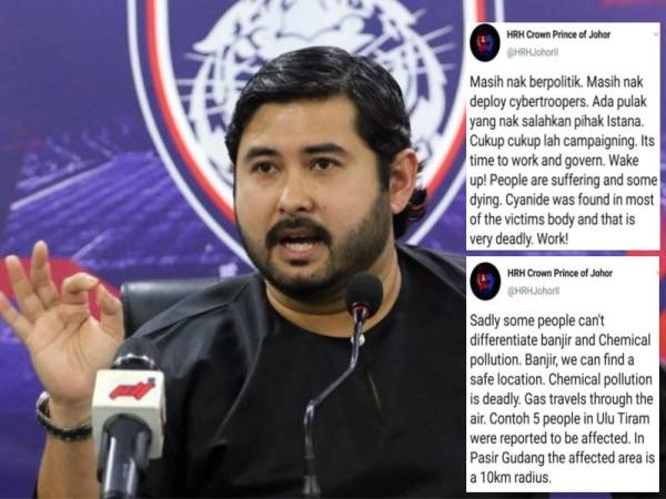 Tengku Mahkota Johor luahkan kekecewaannya berhubung isu pencemaran kimia ditangani menerusi laman Twitternya.