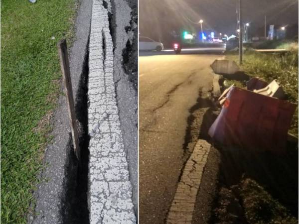 Keadaan Jalan Ehsan yang mendap dan berlubang. (Kanan: Pengadang dan kon yang diletakkan di kawasan jalan yang mendap dilanggar menyebabkan ramai pengguna tidak perasan.)
