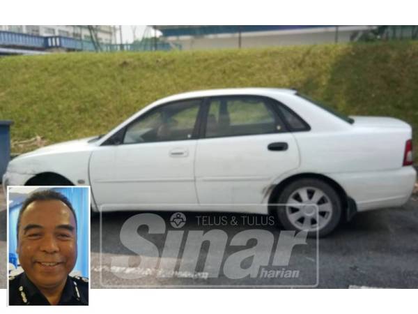 Kereta Proton Waja yang dipandu suspek dibawa ke IPD Taiping untuk siasatan lanjut. (gambar kecil: Osman)