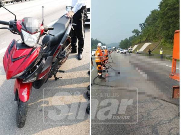 Motosikal mengalami kerosakan pada bahagian hadapan dan kiri. (Kanan: Lokasi kejadian. )