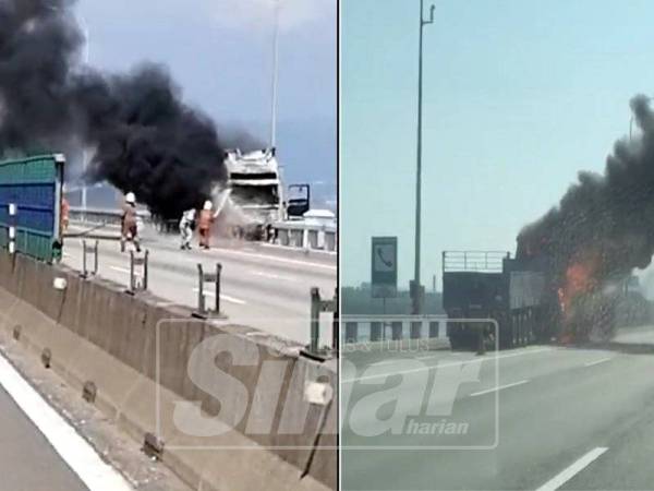 Treler terbakar di Jambatan Pulau Pinang pagi tadi.(Kebakaran bermula dari bahagian enjin treler menyebabkan 90 peratus treler berkenaan hangus.)