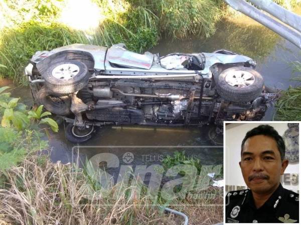 Keadaan kenderaan mangsa yang terbabas ke dalam parit selepas cuba melarikan diri daripada pemeriksaan polis. (Gambar kecil: Mohd Ali Tamby )