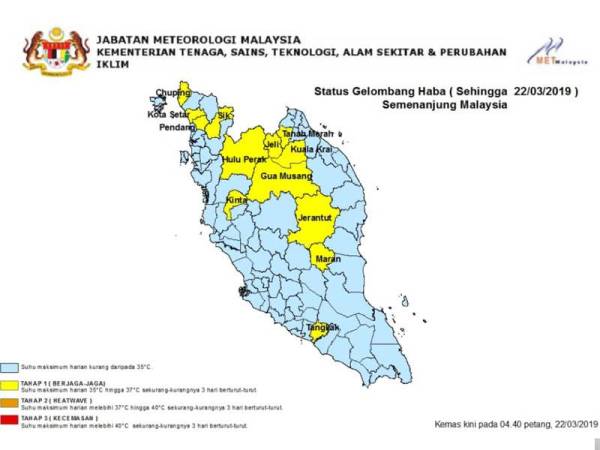 13 kawasan diletakkan pada paras berjaga-jaga berbanding 11 semalam. - Sumber laman web MET Malaysia