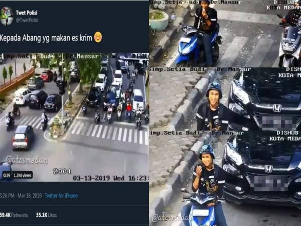 Paparan skrin video penunggang motosikal yang sedang enak makan ais krim menjadi tular di media sosial.