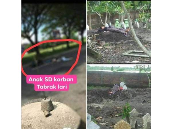 Gambar seorang wanita tidur di atas kubur anaknya akibat menjadi mangsa langgar lari tular di media sosial. 