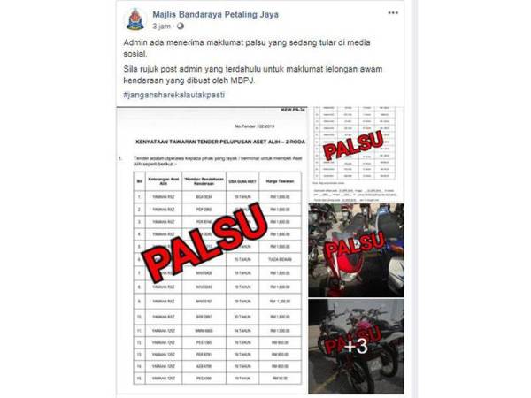 Kenyataan MBPJ berkaitan lelongan palsu yang tular dalam media sosial. 