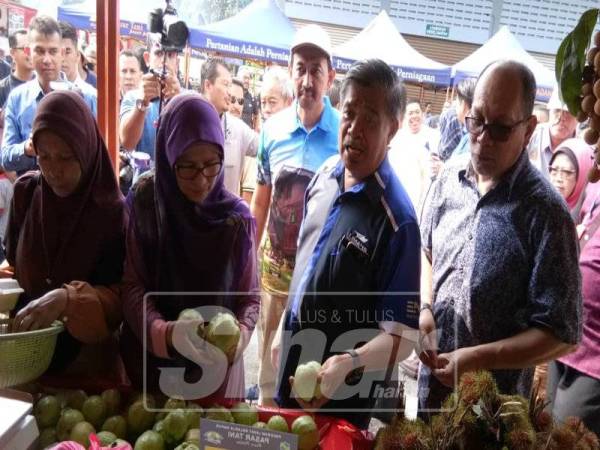 Mohamad (dua, kanan) dan Izham (kanan) melawat gerai buah-buahan selepas merasmikan Karnival SAM @ My Best Buy Parlimen Kota Raja, di Stesen Mardi Jalan Kebun, hari ini.