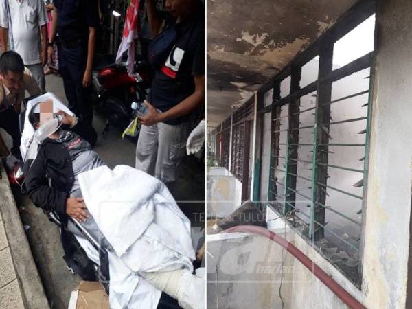 Mangsa yang sesak nafas dihantar ke Hospital Kuala Lumpur. (Gambar kanan: Rumah berkenaan musnah 90 peratus)