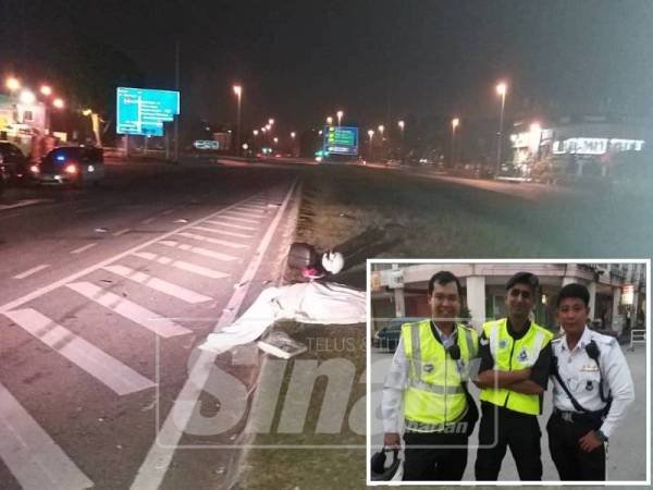 Mangsa disahkan meninggal dunia di tempat kejadian akibat cedera parah di kepala. (Gambar kecil: Gambar Allahyarham Mohd Faizal (kiri) bersama rakan-rakan ketika bertugas.)