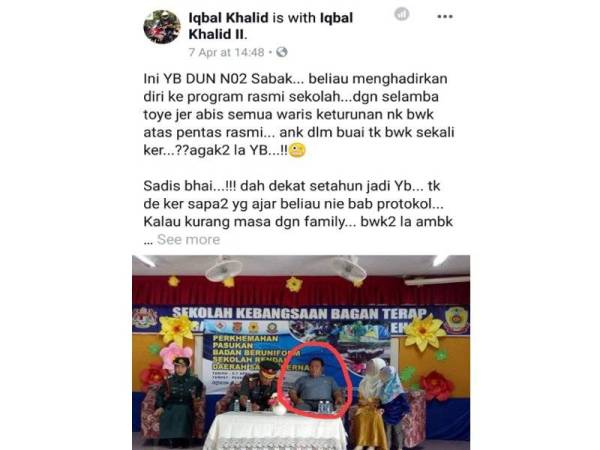 Status yang dimuat naik Iqbal Khalid mempersoalkan tindakan Ahmad Mustain.