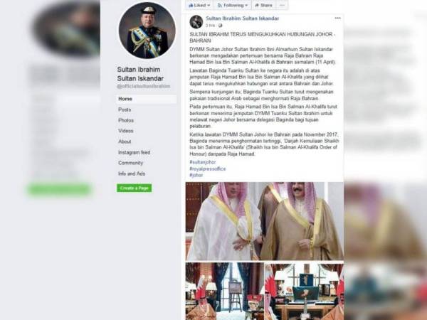 Hamparan Facebook Sultan Johor, hari ini.
