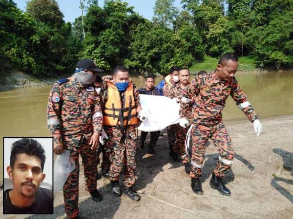 Selepas hilang sejak Rabu, mangsa ditemui terapung kira-kira tiga kilometer dari lokasi kejadian oleh penduduk kampung. - Foto Bomba Pahang. (Gambar kecil: Mohd Badli Izam)