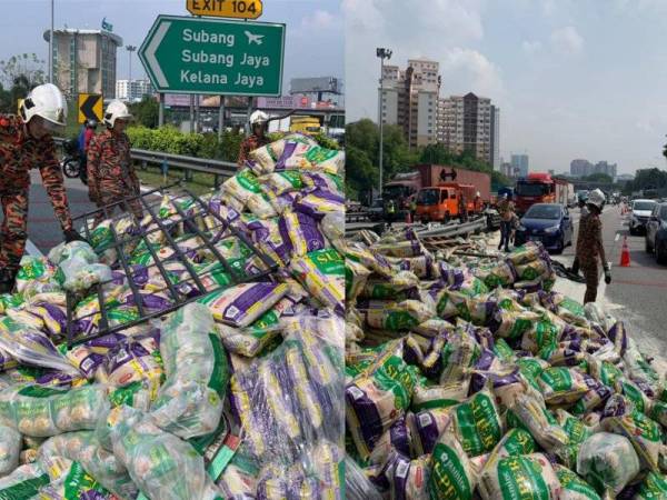 Beras dan bihun yang bertaburan di atas jalan. - Foto ihsan polis