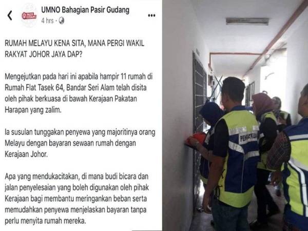 Isu tersebut mendapat perhatian UMNO Bahagian Pasir Gudang. (Penguatkuasa melakukan proses menyita rumah tertunggak bayaran sewanya di Flat Tasek 64, Bandar Seri Alam, Pasir Gudang, Johor.)