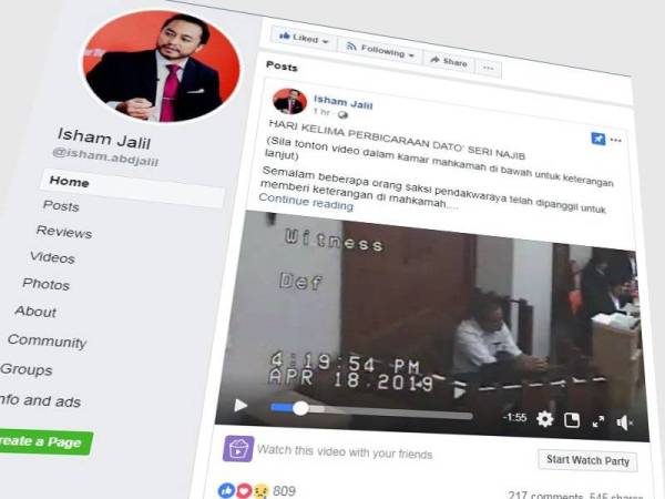 Laman Facebook milik Isham Jalil yang menyiarkan prosiding mahkamah membabitkan Najib hari ini.