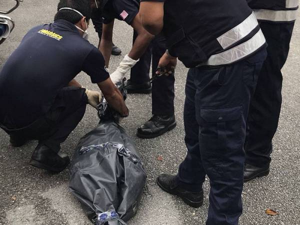 Anggota Polis membungkus mayat bayi lelaki yang masih bertali pusat dipercayai baru dilahirkan dan ditemukan di tepi bekas kontena sampah di Taman Setapak Jaya petang tadi. - Foto Bernama