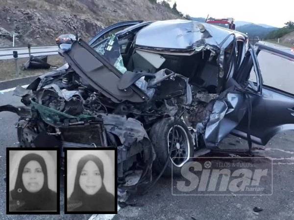 Perodua Myvi yang dinaiki Rahemah dan tiga keluarganya remuk teruk selepas merempuh belakang lori membawa muatan kayu dalam kejadian di Kilometer 312 LPT2 berdekatan susur keluar Plaza Tol Kijal. Gambar kecil Rahemah & Noradawiah