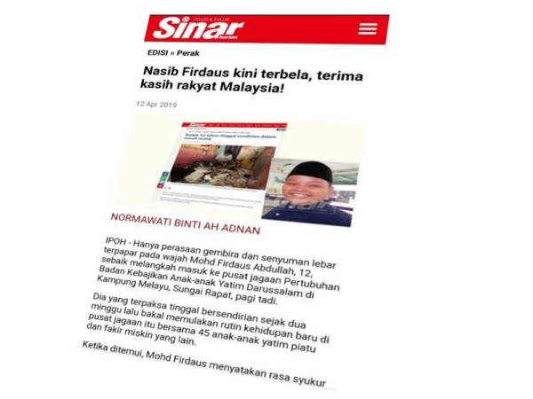 Syukur, Firdaus dah boleh ke sekolah