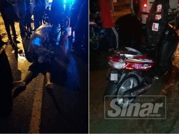 Keadaan mangsa maut di tempat kejadian ditutupi dengan kain oleh orang ramai sementara menunggu ketibaan polis. Gambar kanan: Keadaan motosikal digunakan mangsa yang terjejas teruk akibat bertembung dengan sebuah kereta di kawasan berhampiran Taman Tasik Kamunting, malam tadi.