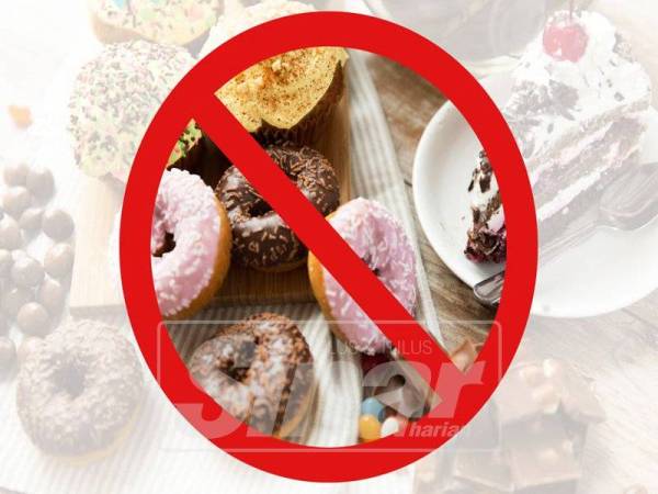 fast food, low carb diet, fattening and unhealthy eating concept - close up of glazed donuts, cakes and chocolate sweets behind no symbol or circle-backslash prohibition sign