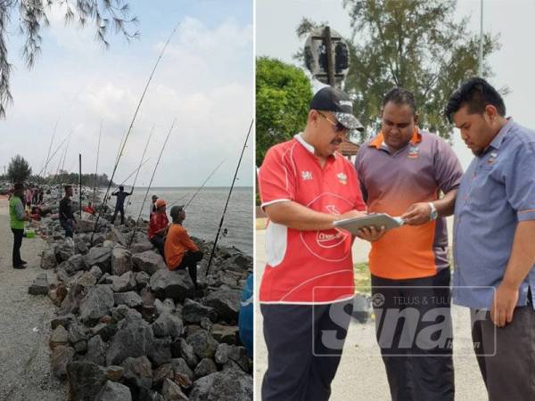 Pantai Remis yang sesuai untuk pertandingan memancing. (Gambar kanan: Md Zali (kiri) memberi penerangan mengenai program tersebut kepada Puspanath.)