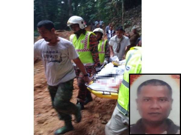 Anggota bomba dengan dibantu pekerja balak mengusung keluar mayat mangsa dari kawasan pembalakan untuk dihantar ke Hospital Dungun. (Gambar kecil: Suarno)