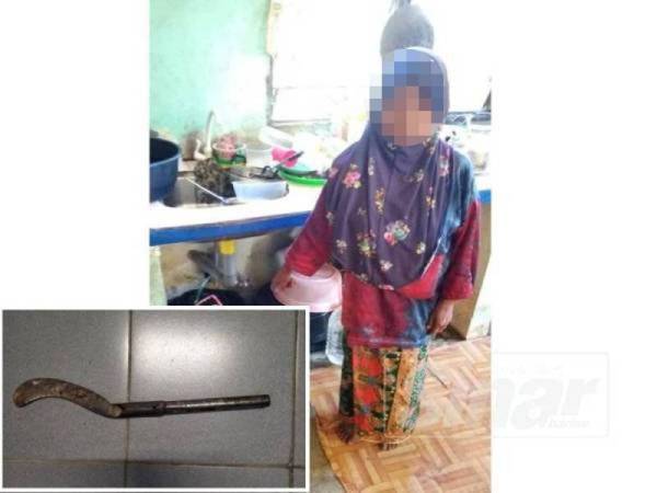 Mangsa menunjukkan lokasi ketika anaknya menyerang dan cuba mengelar lehernya dengan sabit kecil. - Foto Ihsan PDRM (Gambar kecil: Sabit kecil yang digunakan suspek dalam kejadian tersebut.)