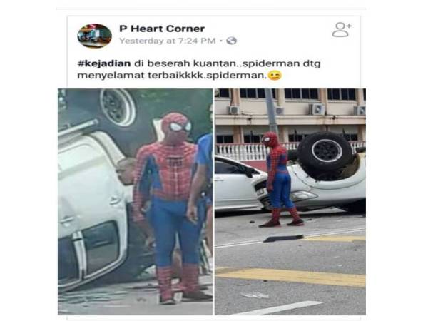 Gambar aksi ‘Spiderman’ yang membantu mangsa kemalangan tular dalam sosial Facebook, sejak petang semalam.