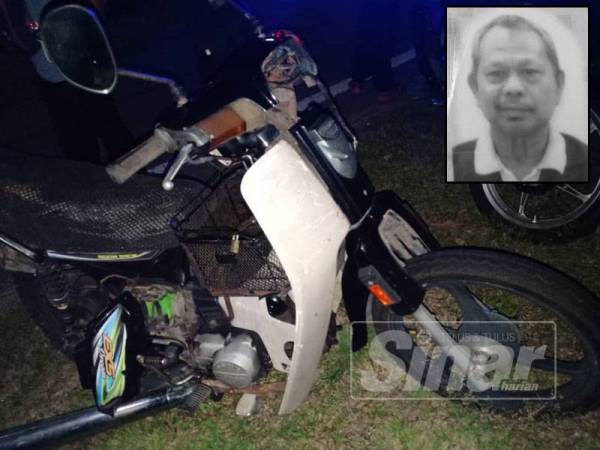 Keadaan motosikal mangsa selepas terbabit dalam kemalangan di KM20, Jalan Tehel-Bemban malam tadi. Gambar kecil: Abd Rahman Tambi Chik