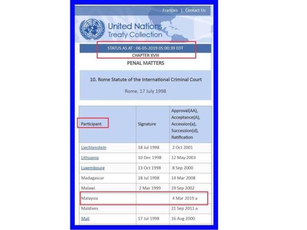 Mesej dan imej viral menerusi aplikasi WhatsApp yang mendakwa Malaysia masih belum menarik diri daripada Statut Rom berdasarkan kemaskini laman sesawang PBB. 