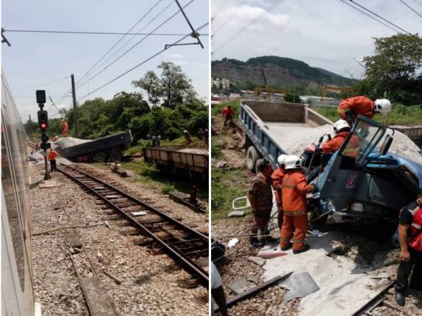 Lori pasir terbabas ke laluan kereta api Batang Benar hari ini.(Kanan: Pasukan bomba sedang menyelamatkan pemandu lori yang membawa pasir terbabas di Batang Benar, hari ini. - Foto Ihsan Bomba